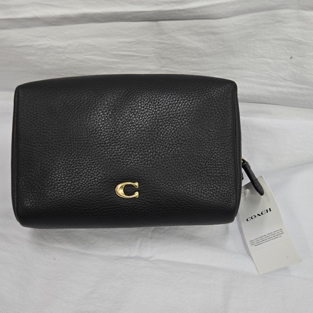 Coach Black Leather Cosmetic Bag with Gold Accent - Picture 2 of 14